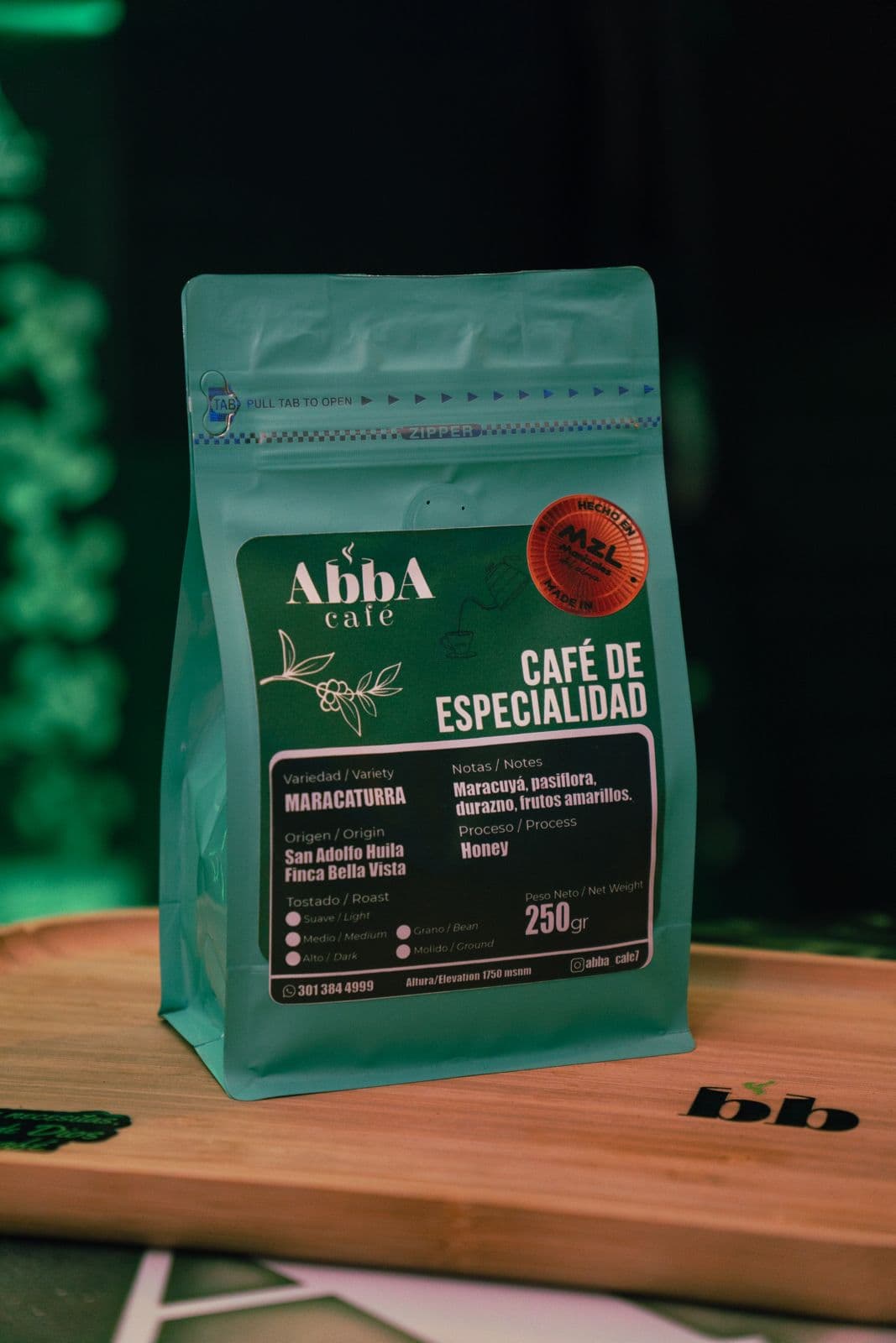 Bolsa AbbA Café de Especialidad — variedad Maracaturra, proceso honey, de San Adolfo, Huila
