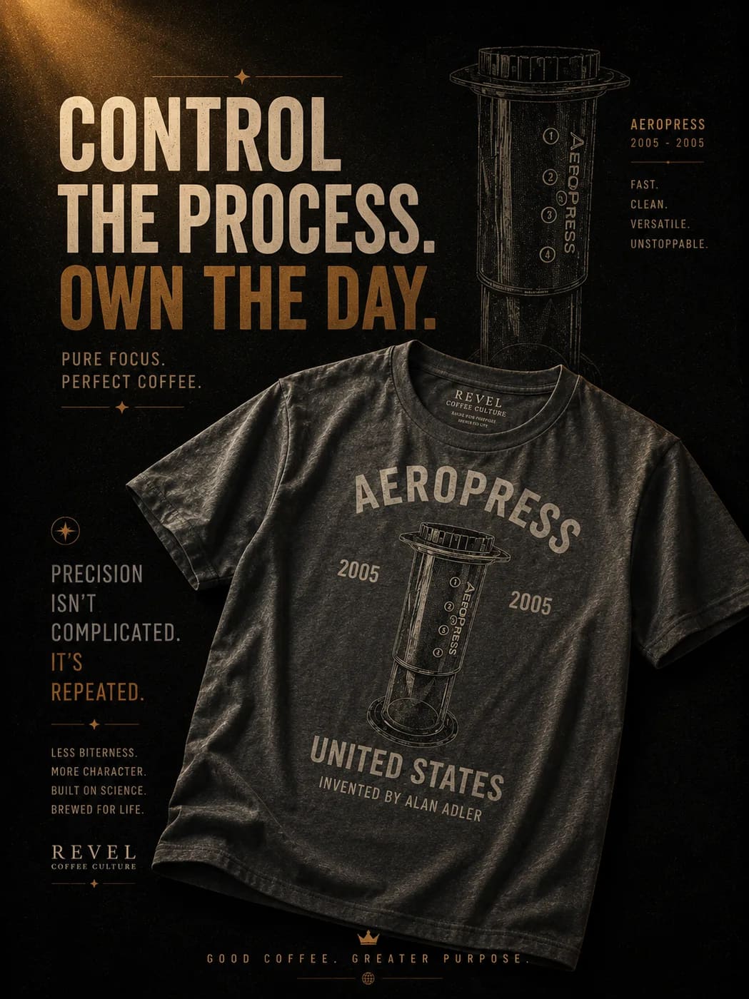 Tee REVEL ORIGIN · AeroPress, print serigráfico sobre algodón pesado