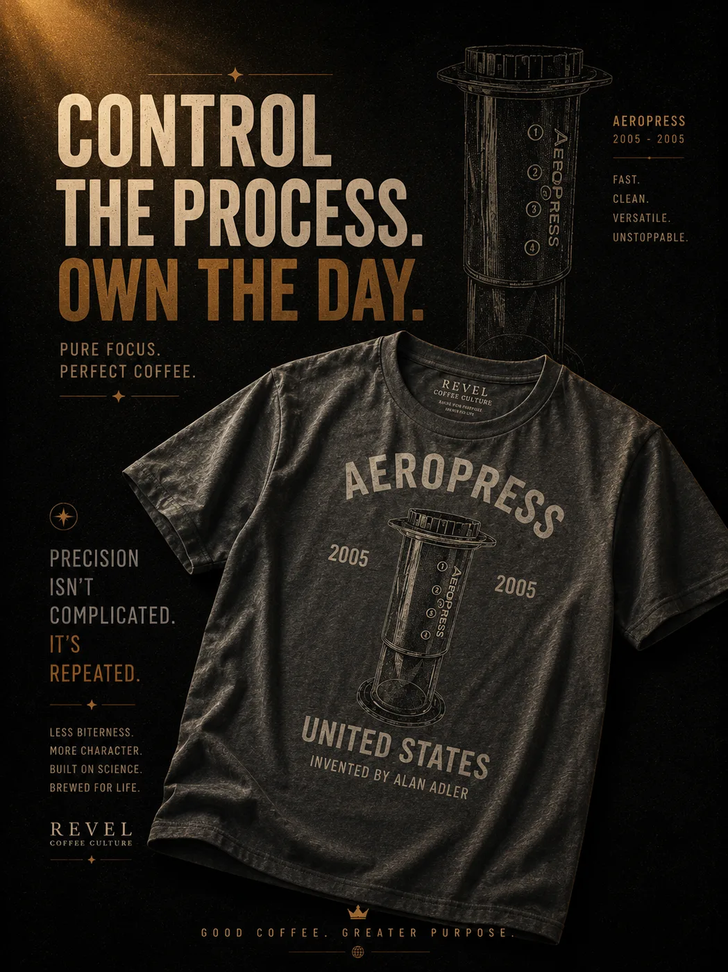 Tee REVEL ORIGIN · AeroPress, print serigráfico sobre algodón pesado