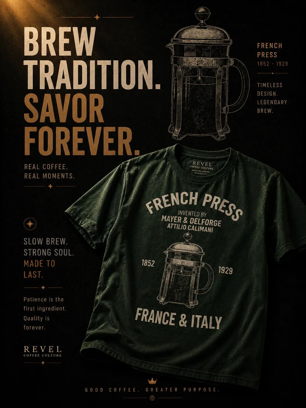 Tee REVEL ORIGIN · French Press en verde militar, print serigráfico