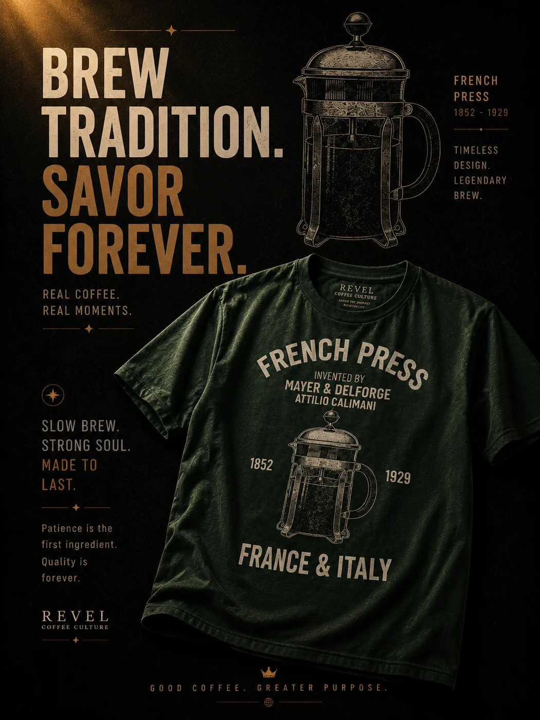 Tee REVEL ORIGIN · French Press en verde militar, print serigráfico
