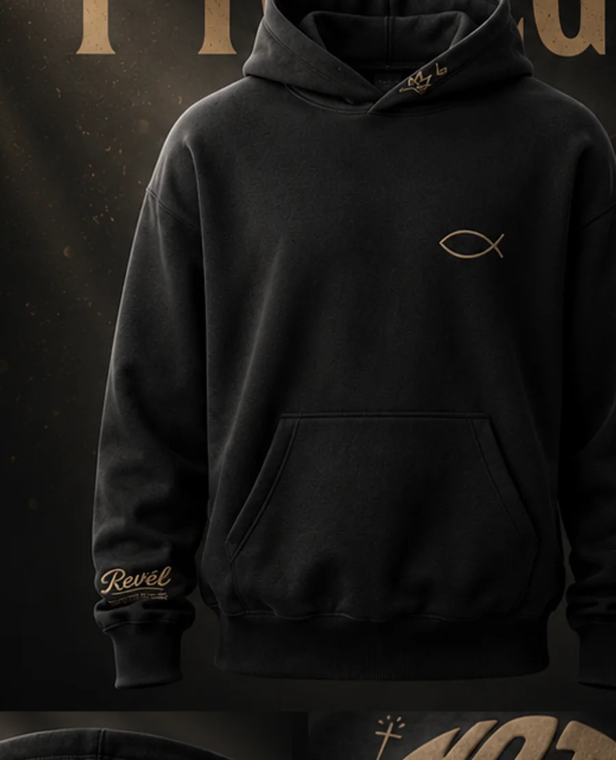 Hoodie SHADDAI · Sigue con Dios, color negro con ichthys dorado al pecho