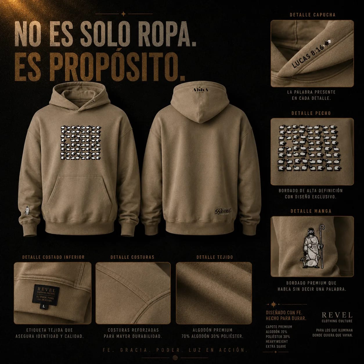 Hoodie SHADDAI · Lucas 15, detalle de bordado y materiales