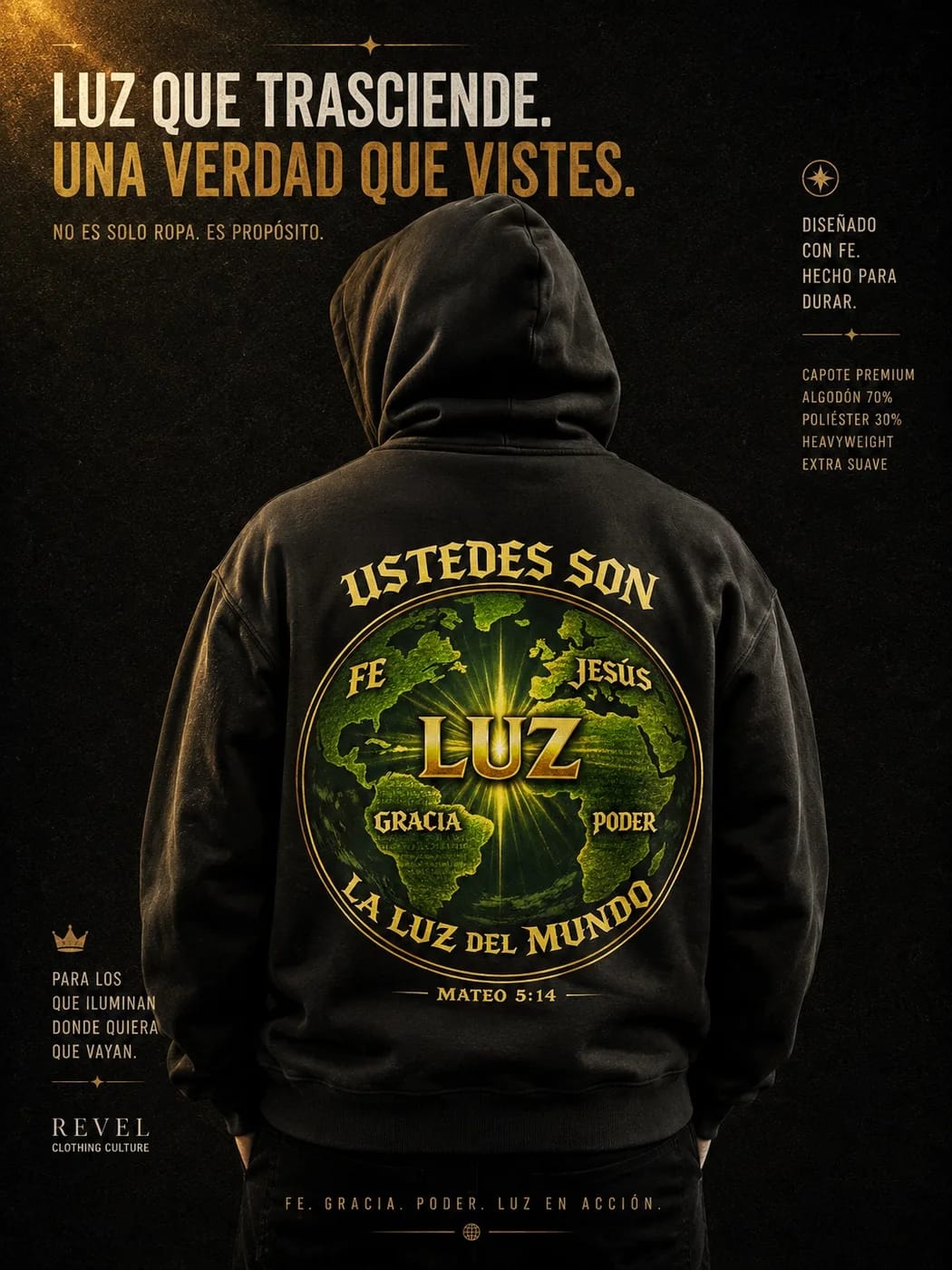 Hoodie SHADDAI · Mateo 5:14, vista de espalda en modelo