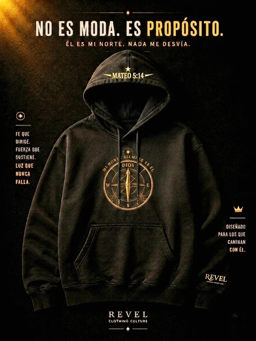 Hoodie SHADDAI · Mateo 5:14, packshot frontal con brújula dorada