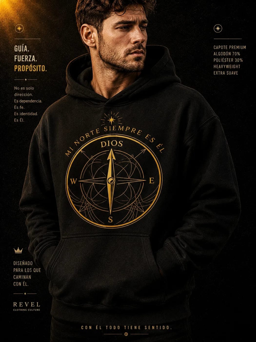 Hoodie SHADDAI by REVEL · Mateo 5:14, edición Luz del Mundo, en modelo