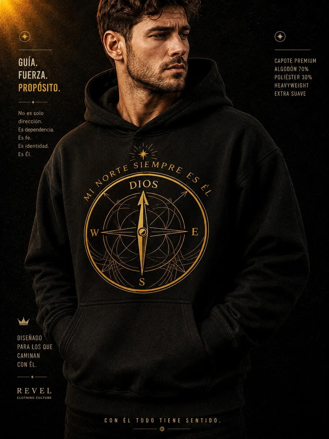 Hoodie SHADDAI · Mateo 5:14, negro, vista frontal en modelo