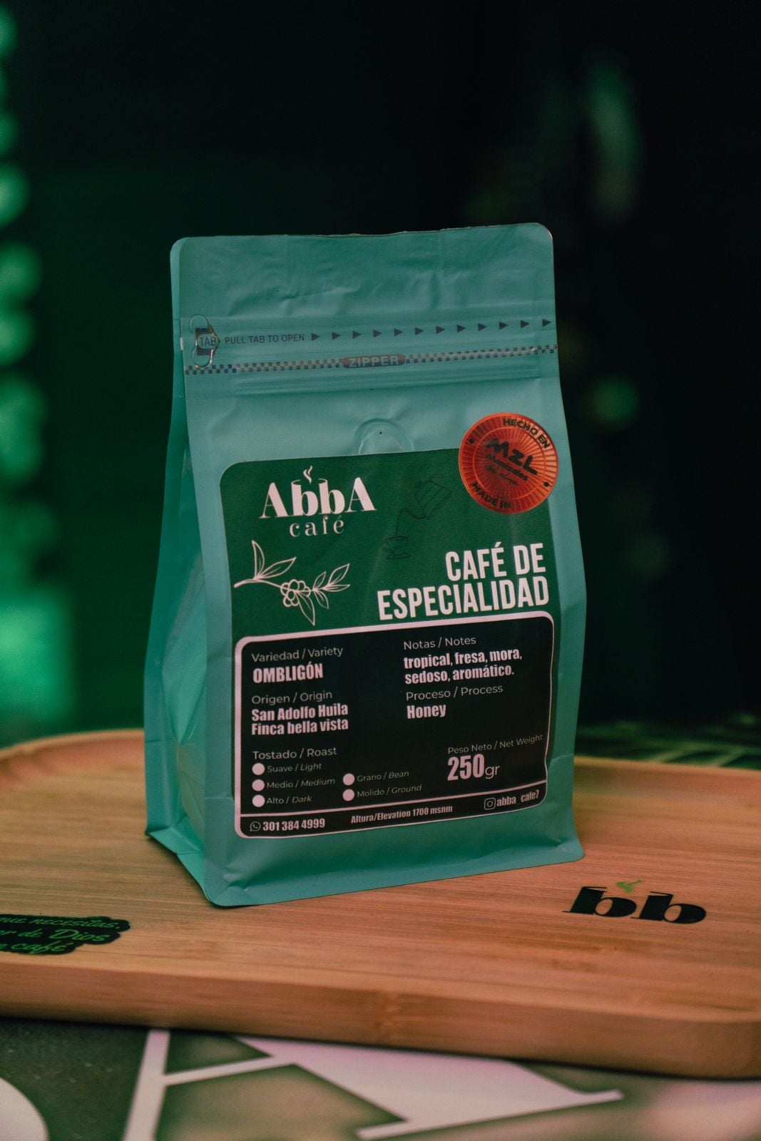 Bolsa AbbA Café de Especialidad — variedad Ombligón, proceso honey, de San Adolfo, Huila
